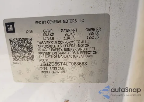 2020 Chevrolet Malibu Fwd Lt z USA, uszkodzony, nr VIN 1G1ZD5ST4LF068683